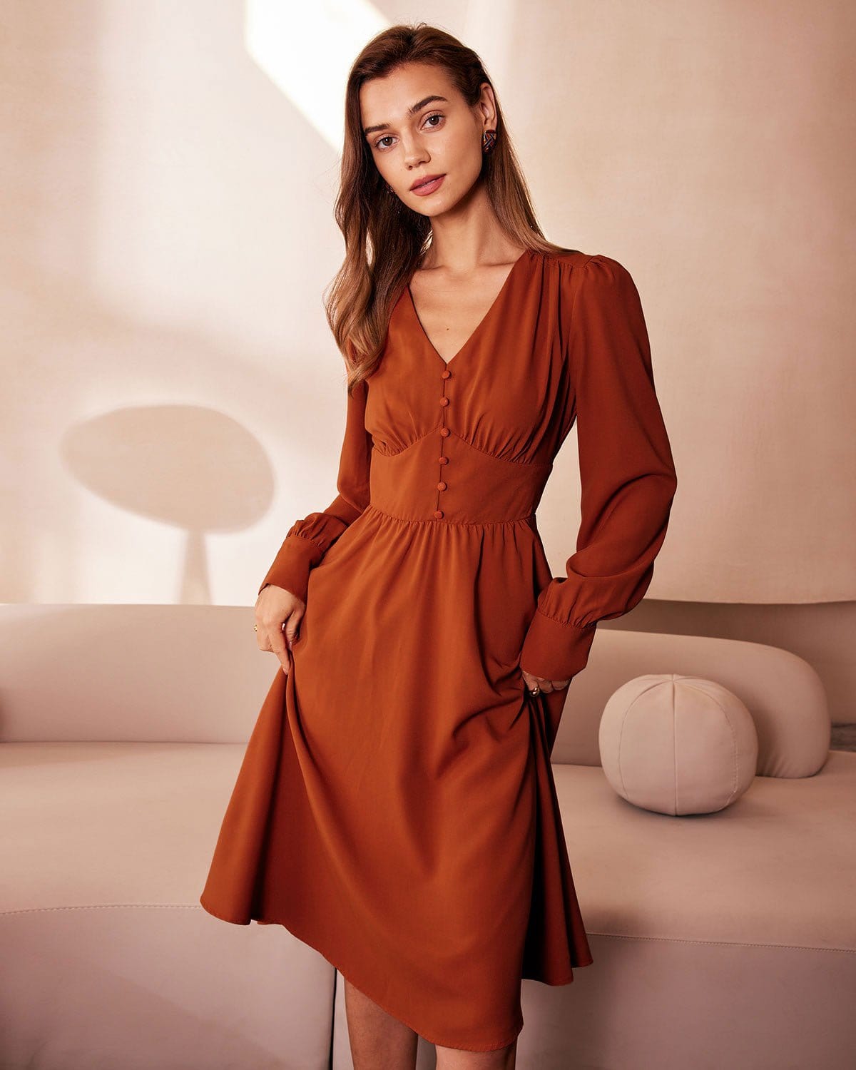 The Orange V Neck Pleated Button Midi Dress & Reviews - Orange - Dresses | RIHOAS The Orange V Neck Pleated Button Midi Dress & Reviews - Orange - Dresses | RIHOAS