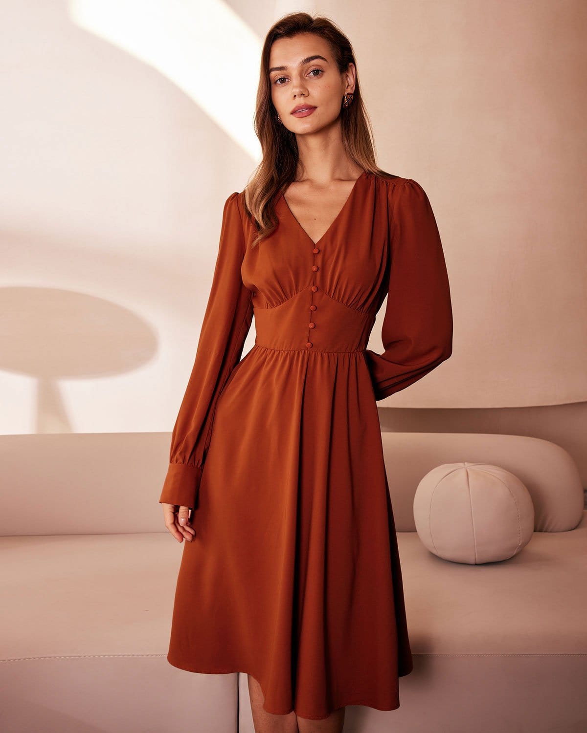 The Orange V Neck Pleated Button Midi Dress The Orange V Neck Pleated Button Midi Dress