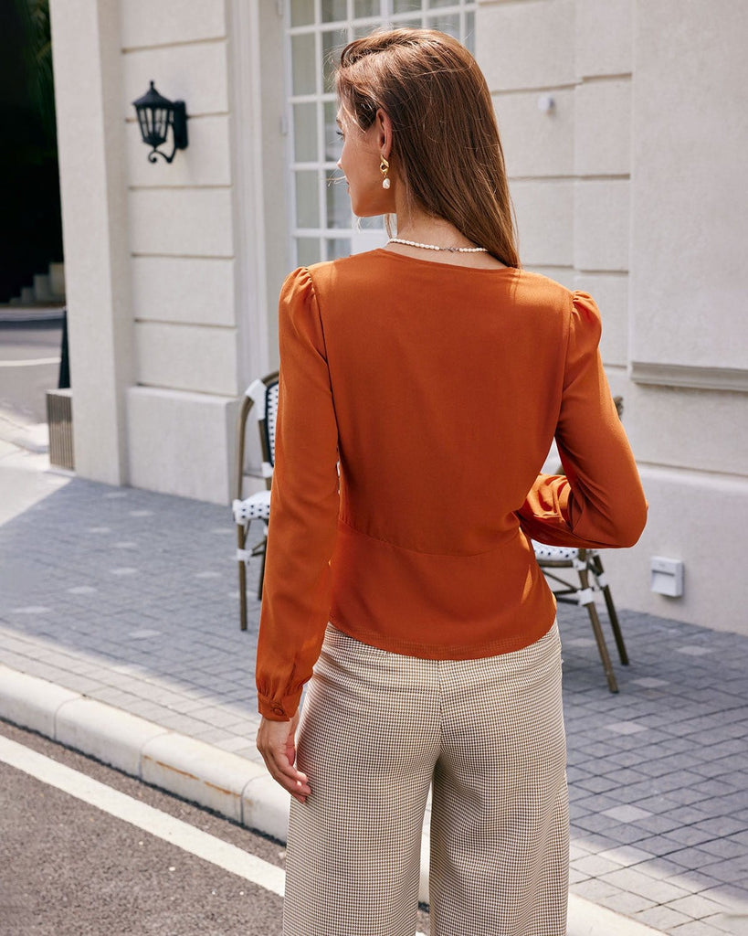 The Orange V Neck Pleated Ruffle Blouse Tops - RIHOAS