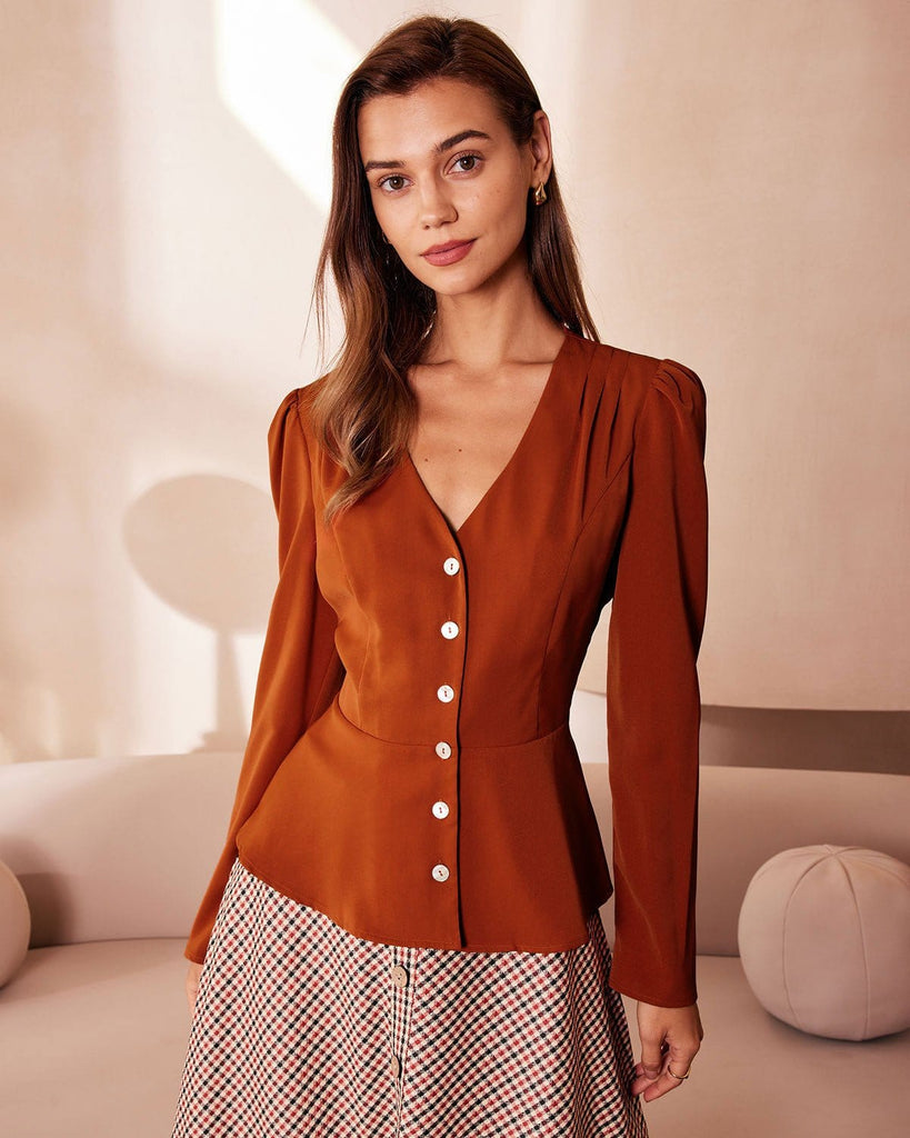 The Orange V Neck Ruffle Blouse Tops - RIHOAS