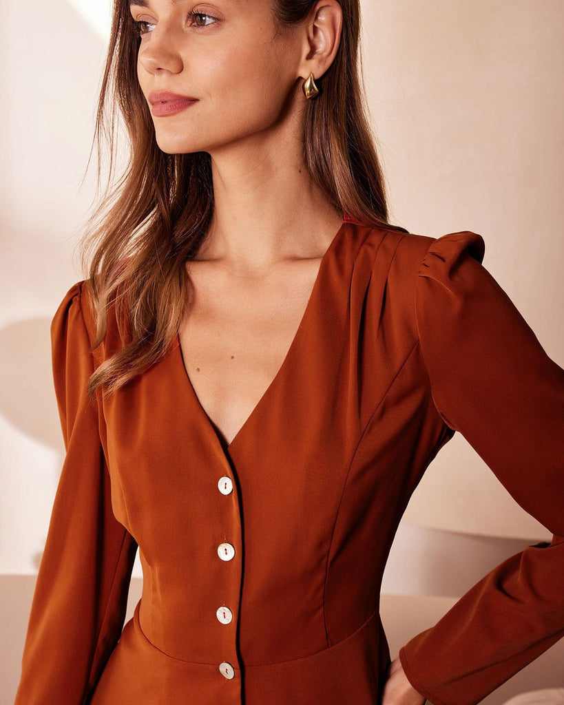 The Orange V Neck Ruffle Blouse Tops - RIHOAS