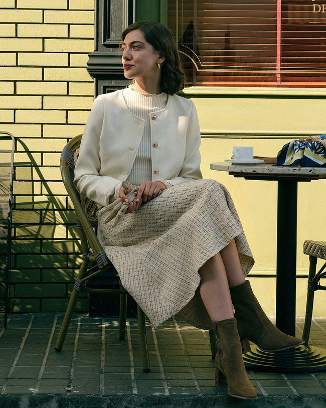 The Pearl Button High Waisted Tweed Skirt - Beige - Bottoms
