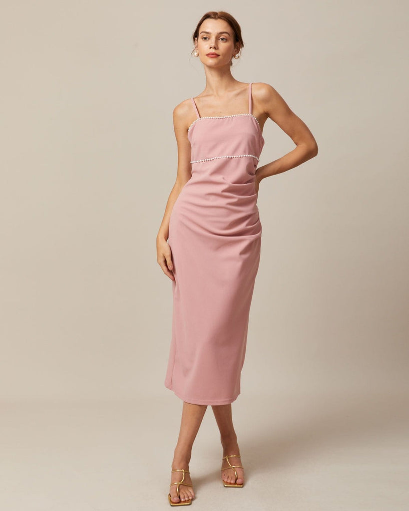 The Pearl Slit Hem Midi Dress Pink Dresses - RIHOAS