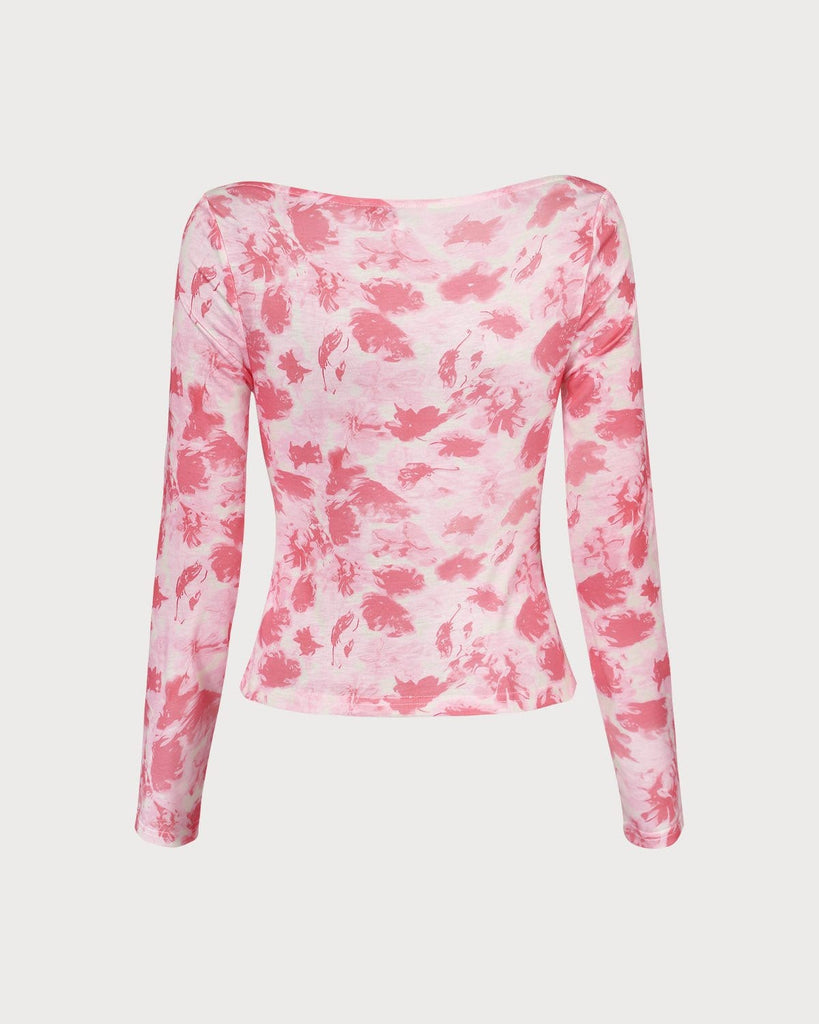 The Pink Boat Neck Floral Tee Tops - RIHOAS