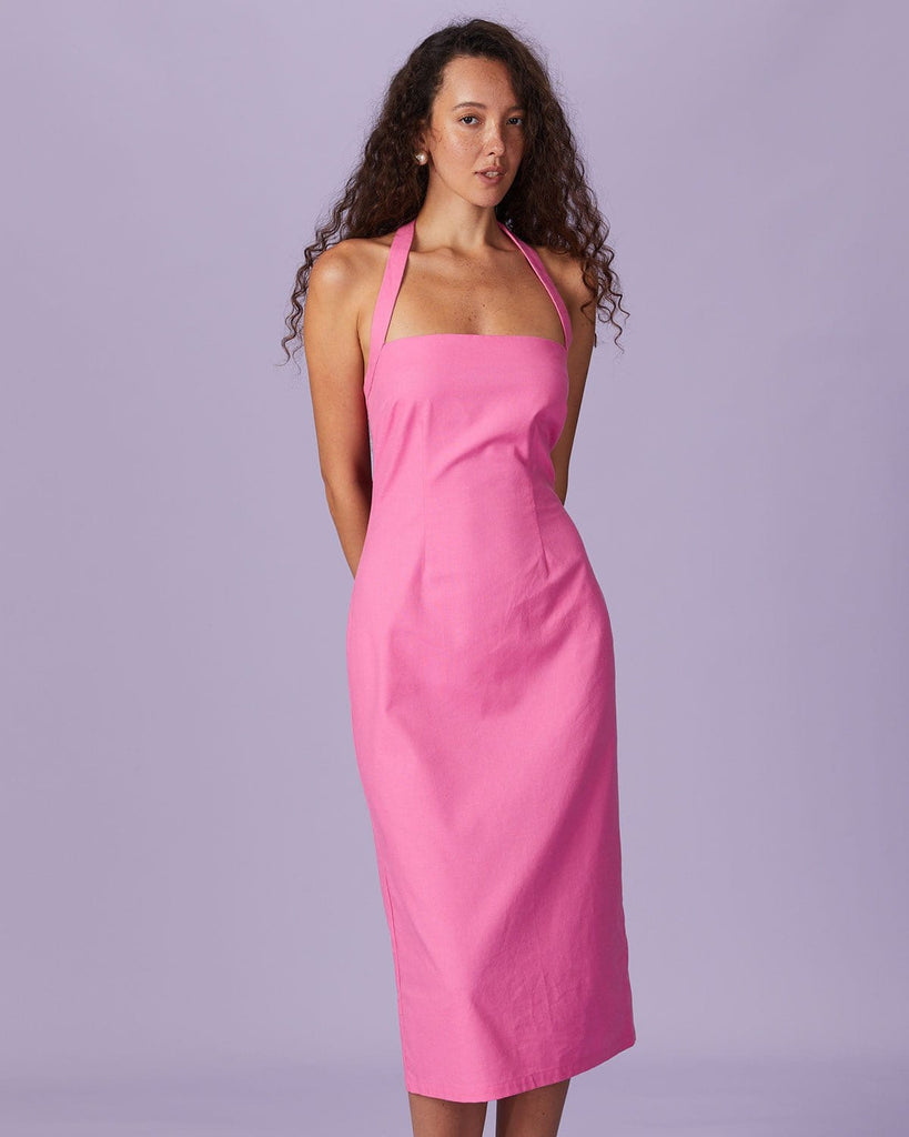 The Pink Halter Backless Midi Dress Dresses - RIHOAS