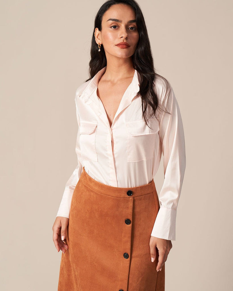 The Pink Long Sleeves Pocket Shirt Pink Tops - RIHOAS