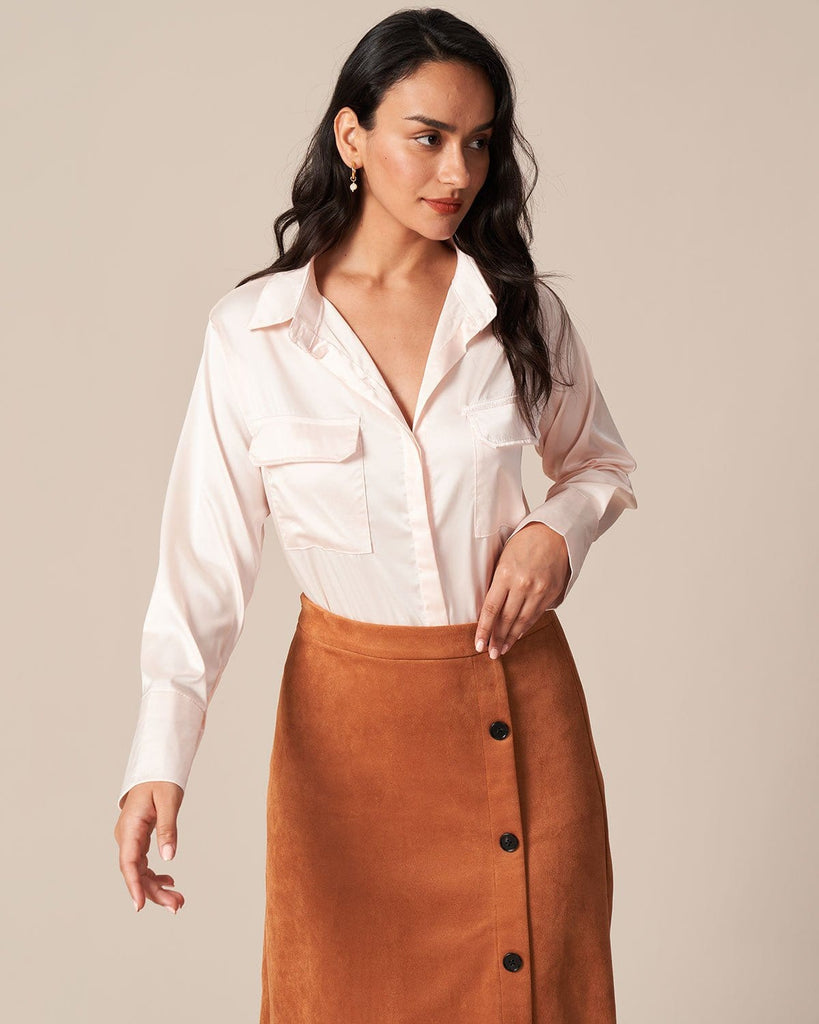 The Pink Long Sleeves Pocket Shirt Tops - RIHOAS
