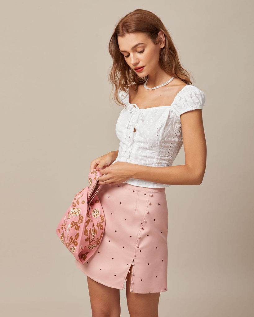 The Pink Polka Dot Button Mini Skirt Bottoms - RIHOAS