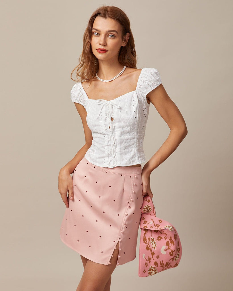 The Pink Polka Dot Button Mini Skirt Bottoms - RIHOAS