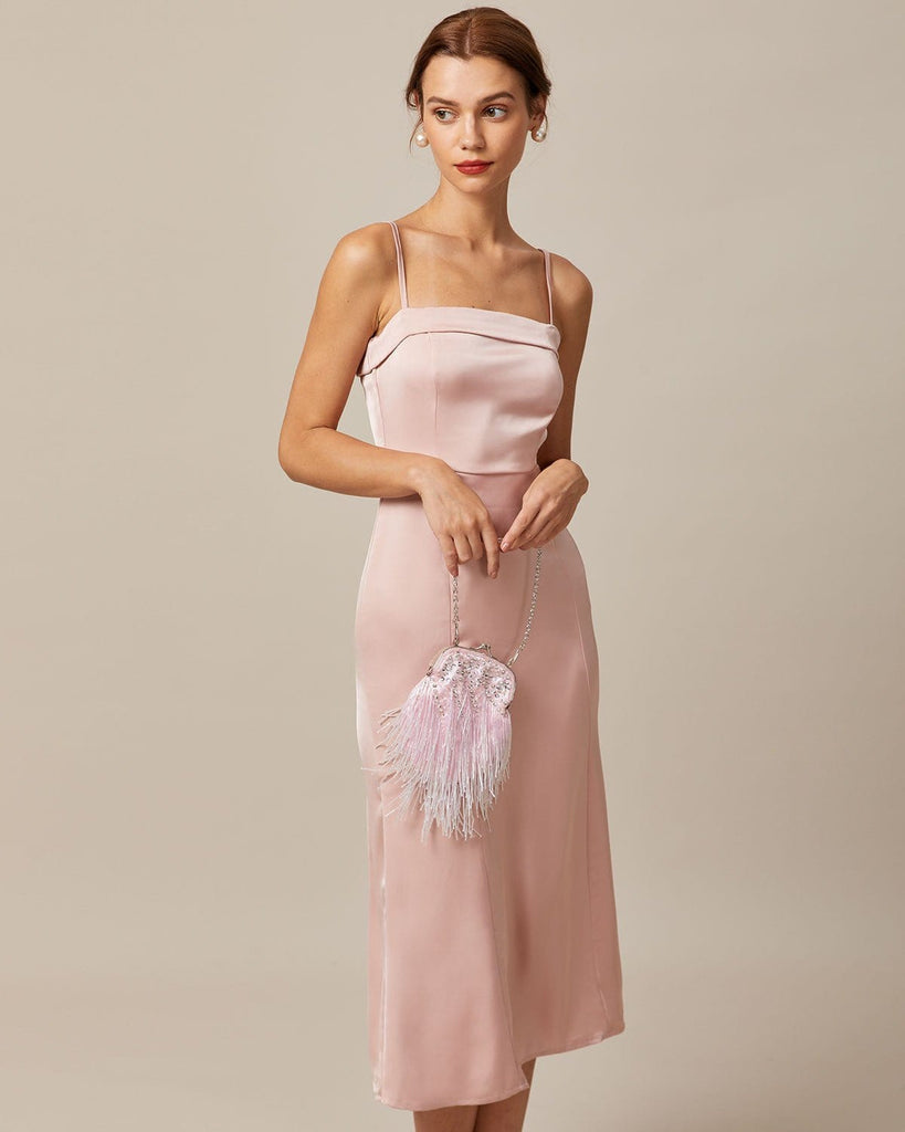 The Pink Sleeveless Satin Midi Dress Dresses - RIHOAS