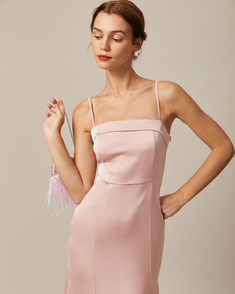 The Pink Sleeveless Satin Midi Dress Dresses - RIHOAS