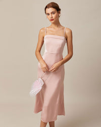 The Pink Sleeveless Satin Midi Dress Dresses - RIHOAS