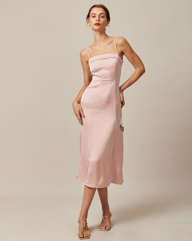 The Pink Sleeveless Satin Midi Dress Dresses - RIHOAS