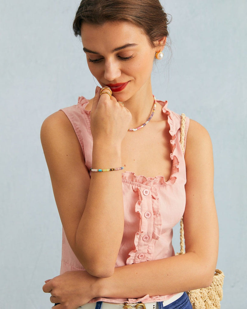 The Pink U Neck Frill Trim Tank Top Tops - RIHOAS