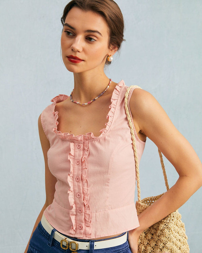 The Pink U Neck Frill Trim Tank Top Tops - RIHOAS
