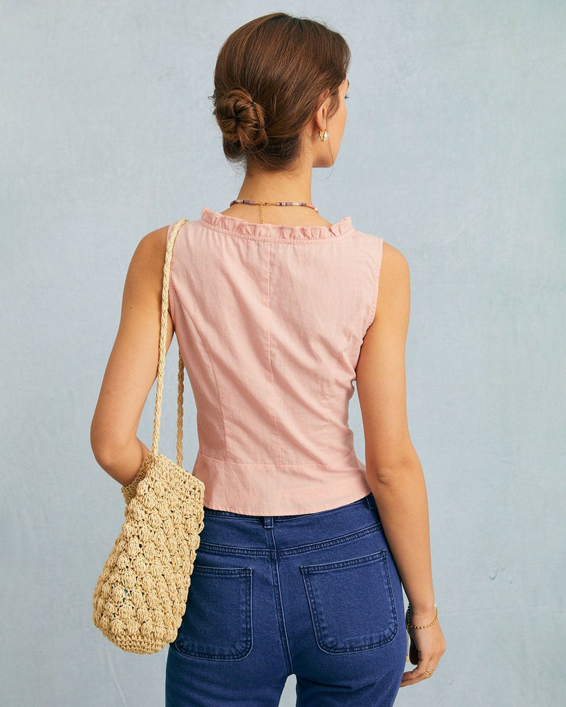 The Pink U Neck Frill Trim Tank Top Tops - RIHOAS