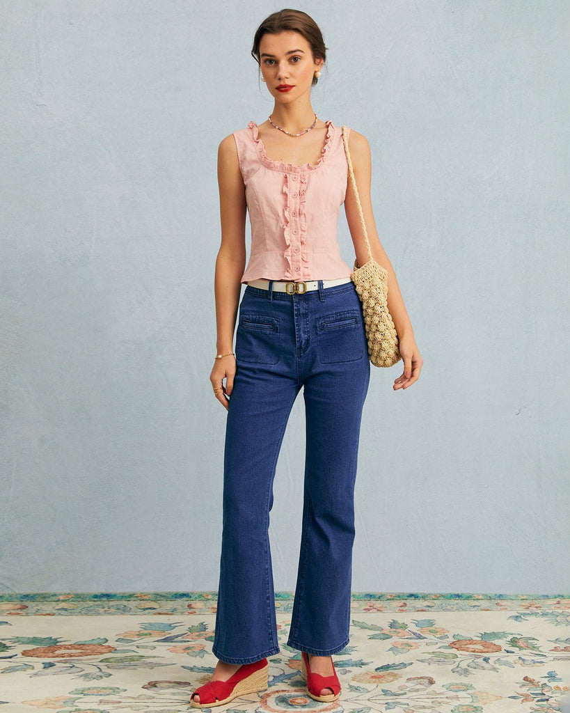 The Pink U Neck Frill Trim Tank Top Tops - RIHOAS