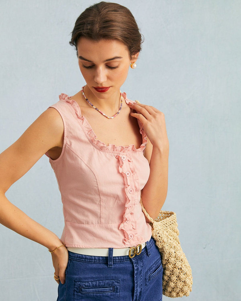 The Pink U Neck Frill Trim Tank Top Tops - RIHOAS
