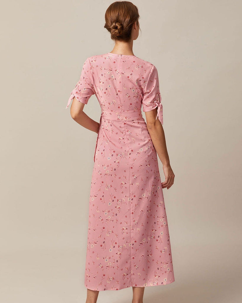 The Pink V-Neck Floral Tie Waist Maxi Dress Dresses - RIHOAS