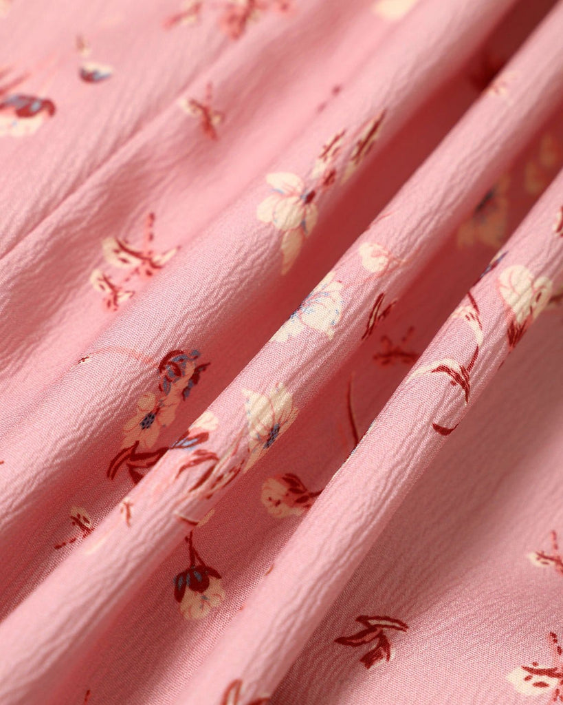 The Pink V-Neck Floral Tie Waist Maxi Dress Dresses - RIHOAS