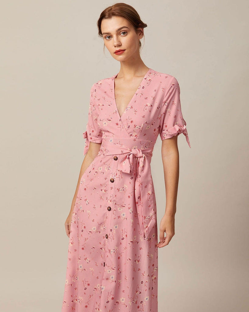 The Pink V-Neck Floral Tie Waist Maxi Dress Dresses - RIHOAS