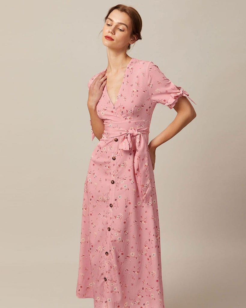 The Pink V-Neck Floral Tie Waist Maxi Dress Dresses - RIHOAS