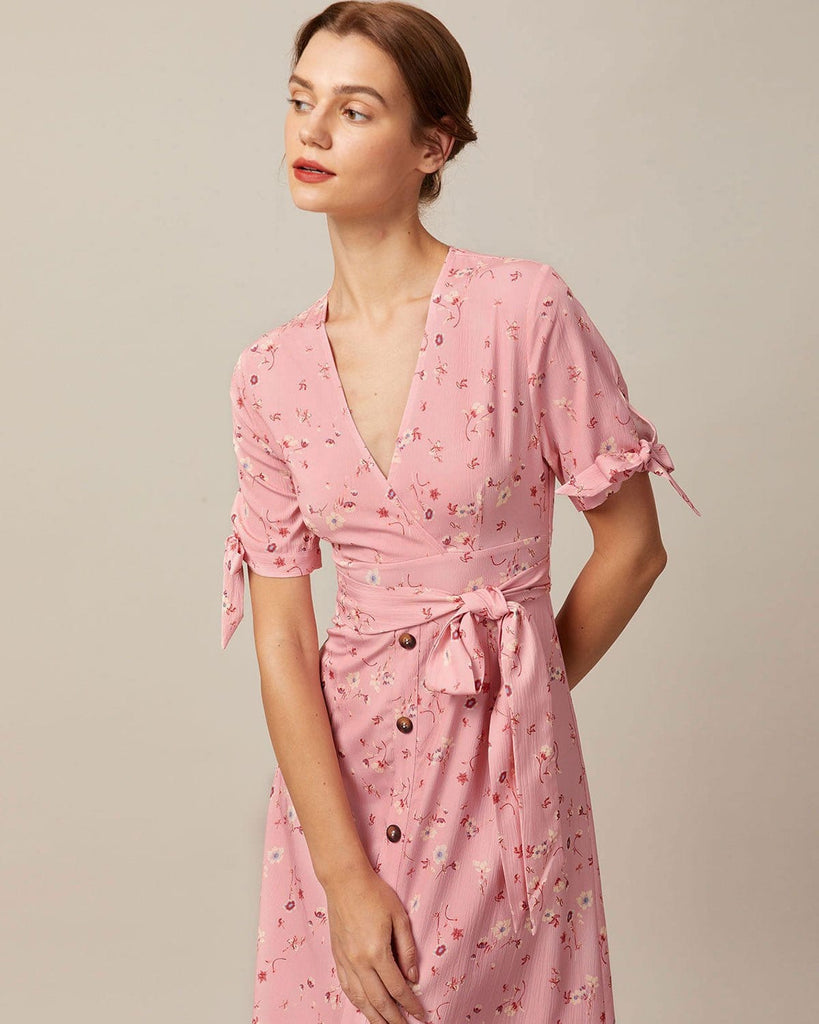 The Pink V-Neck Floral Tie Waist Maxi Dress Dresses - RIHOAS