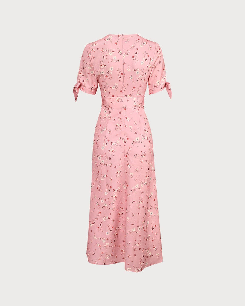 The Pink V-Neck Floral Tie Waist Maxi Dress Dresses - RIHOAS