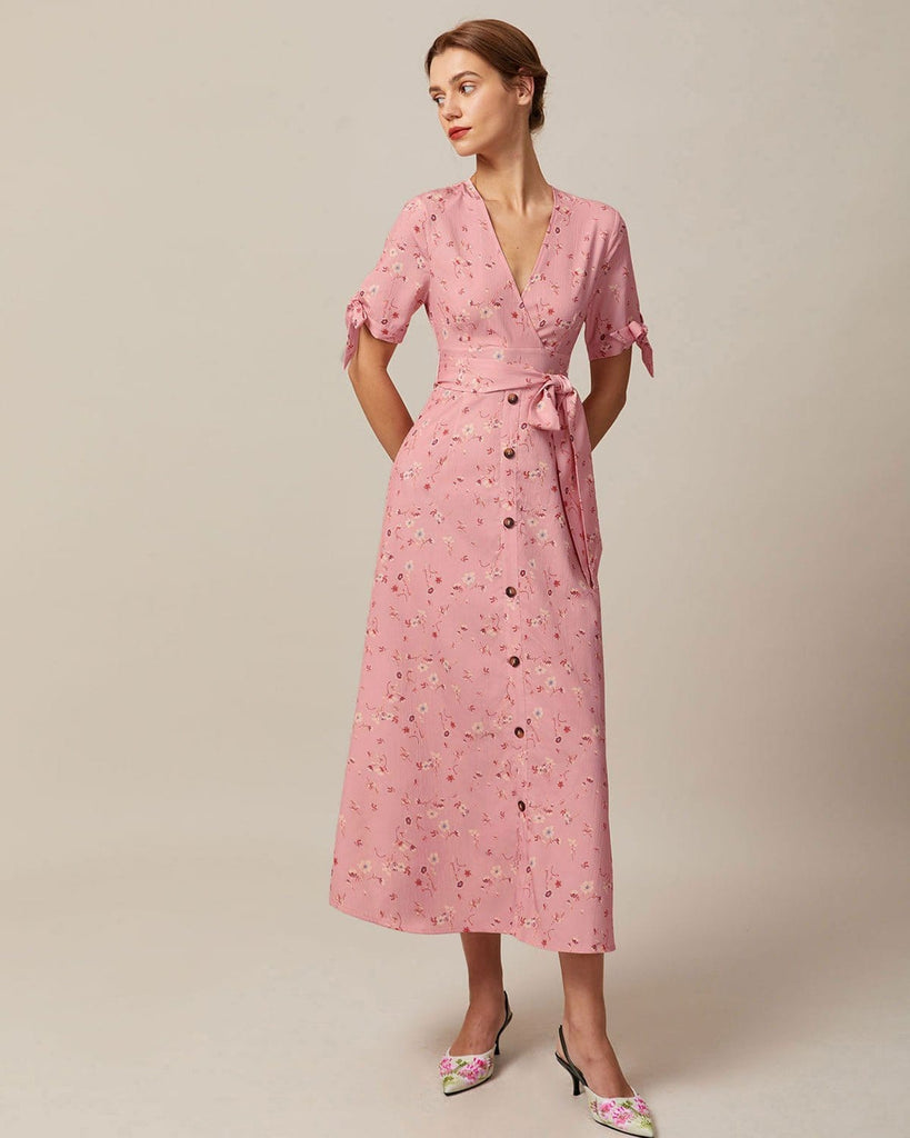 The Pink V-Neck Floral Tie Waist Maxi Dress Dresses - RIHOAS