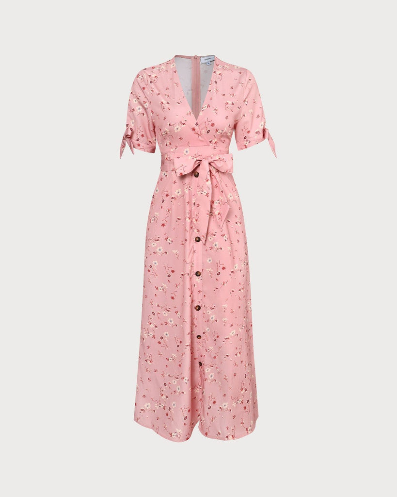 The Pink V-Neck Floral Tie Waist Maxi Dress Pink Dresses - RIHOAS