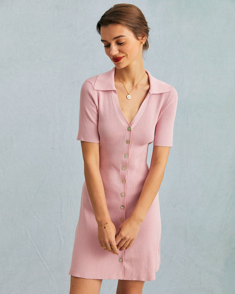 The Pink V-Neck Kint Ribbed Mini Dress Dresses - RIHOAS