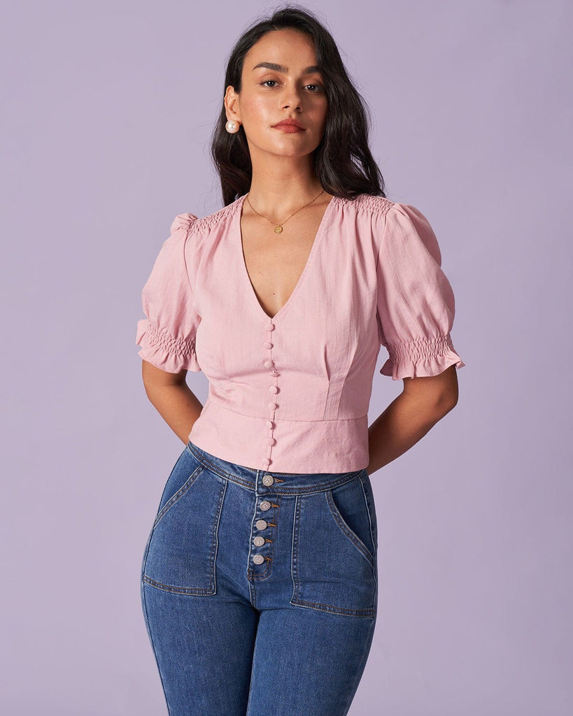 The Pink V-Neck Puff Sleeve Blouse Pink Tops - RIHOAS