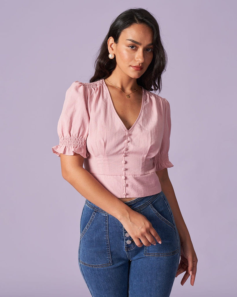 The Pink V-Neck Puff Sleeve Blouse Tops - RIHOAS