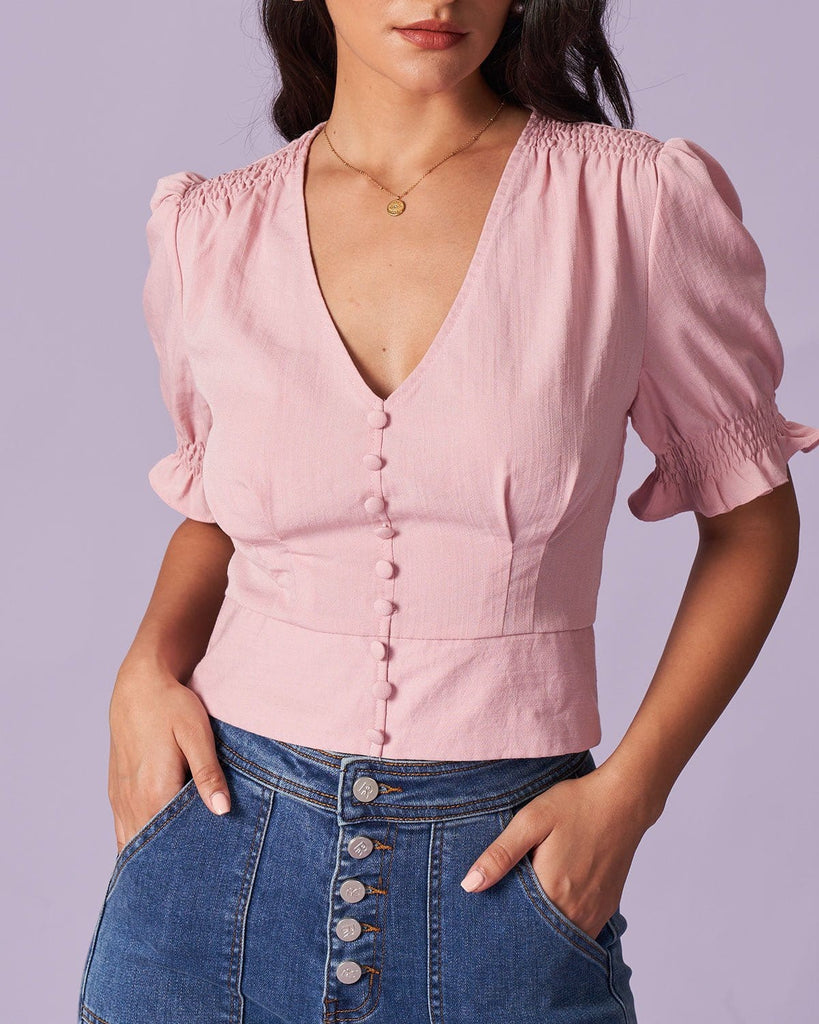 The Pink V-Neck Puff Sleeve Blouse Tops - RIHOAS