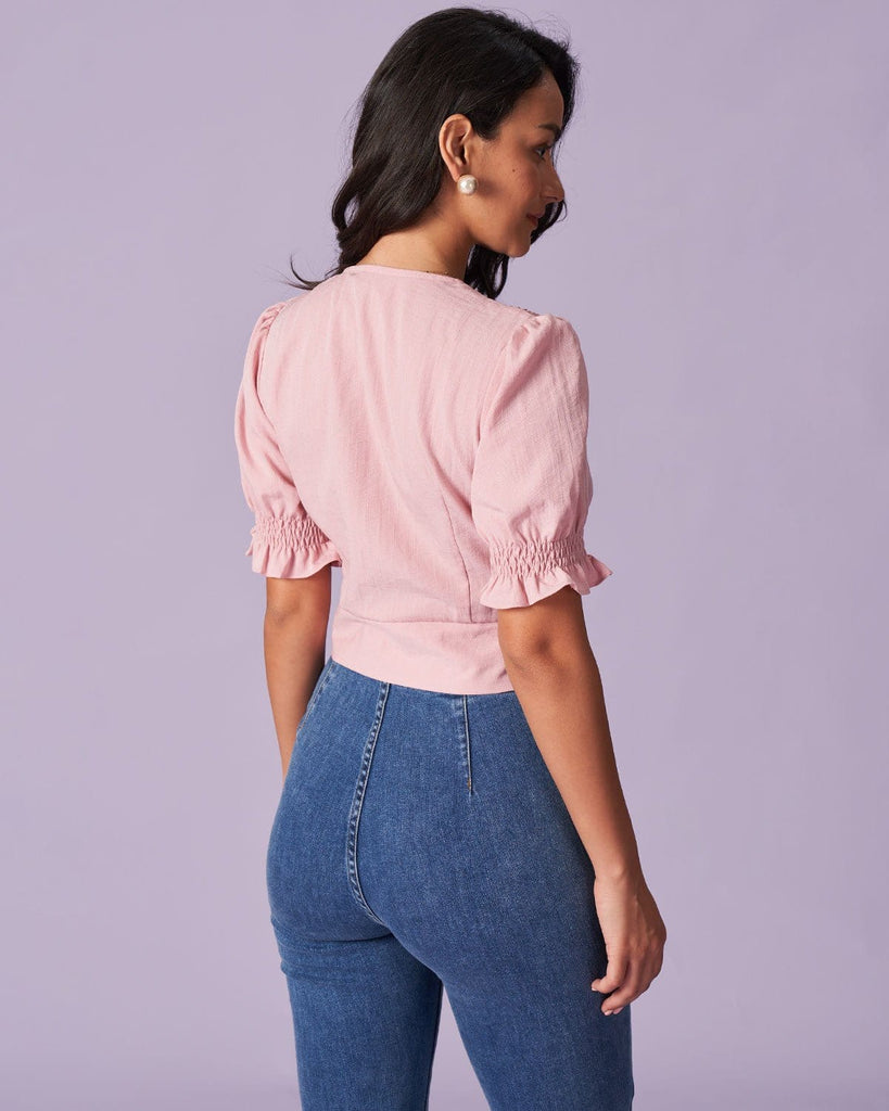 The Pink V-Neck Puff Sleeve Blouse Tops - RIHOAS