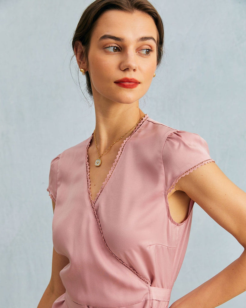 The Pink V-Neck Satin Wrap Mini Dress Dresses - RIHOAS