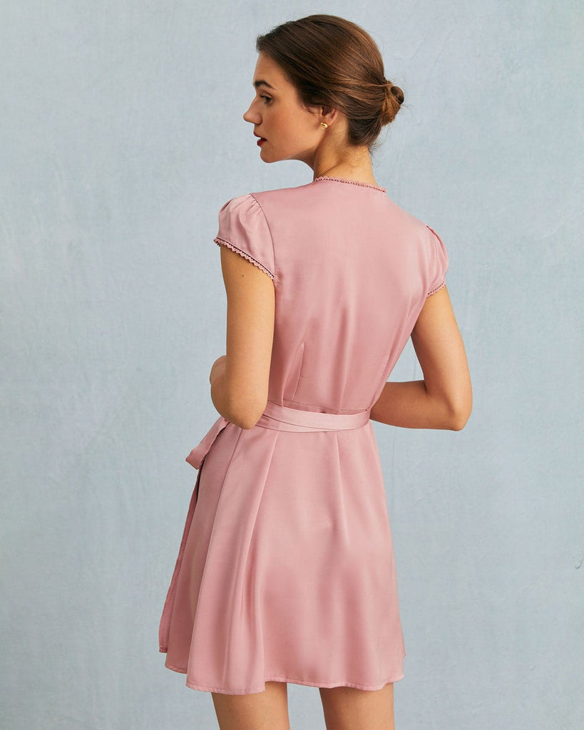 The Pink V-Neck Satin Wrap Mini Dress Dresses - RIHOAS