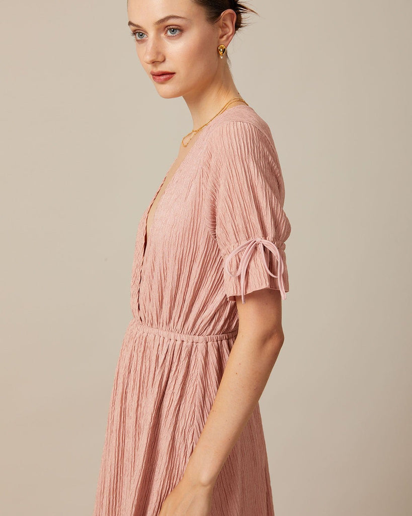 The Pink V-Neck Solid Textured Mini Dress Dresses - RIHOAS