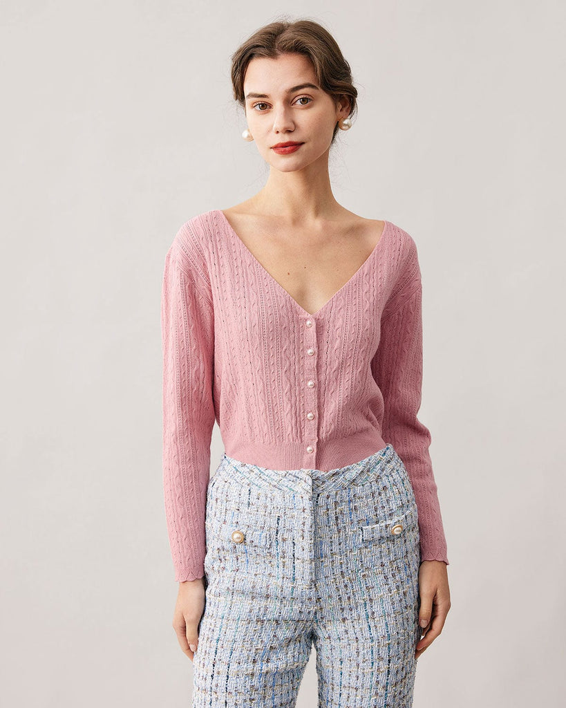 The Pink V-neck Pointelle Knit Cardigan Tops - RIHOAS