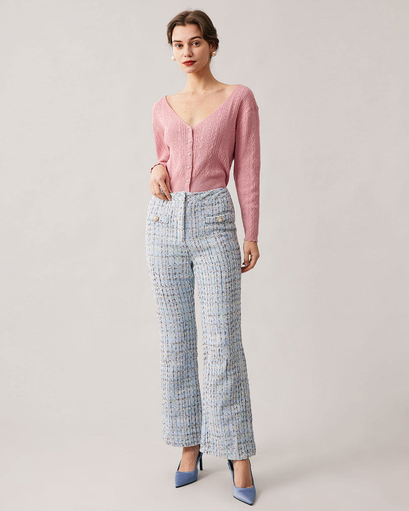 The Pink V-neck Pointelle Knit Cardigan Tops - RIHOAS