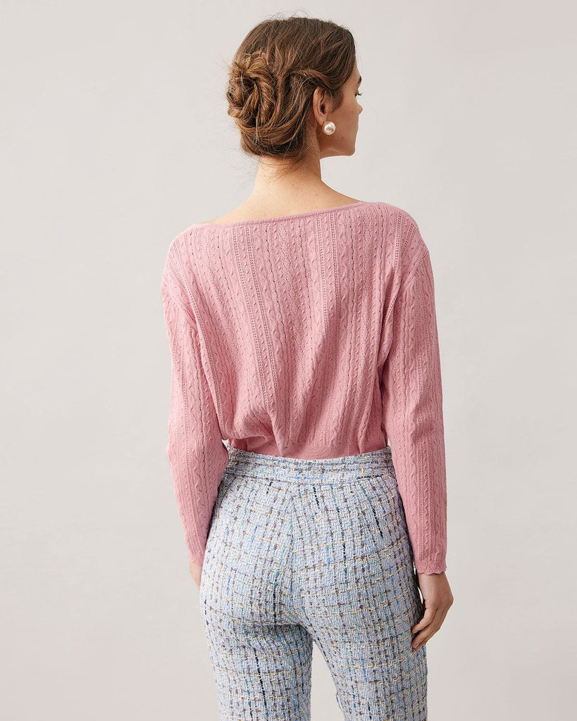 The Pink V-neck Pointelle Knit Cardigan Tops - RIHOAS
