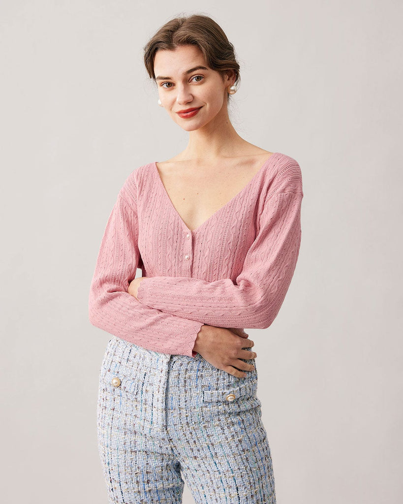The Pink V-neck Pointelle Knit Cardigan Tops - RIHOAS