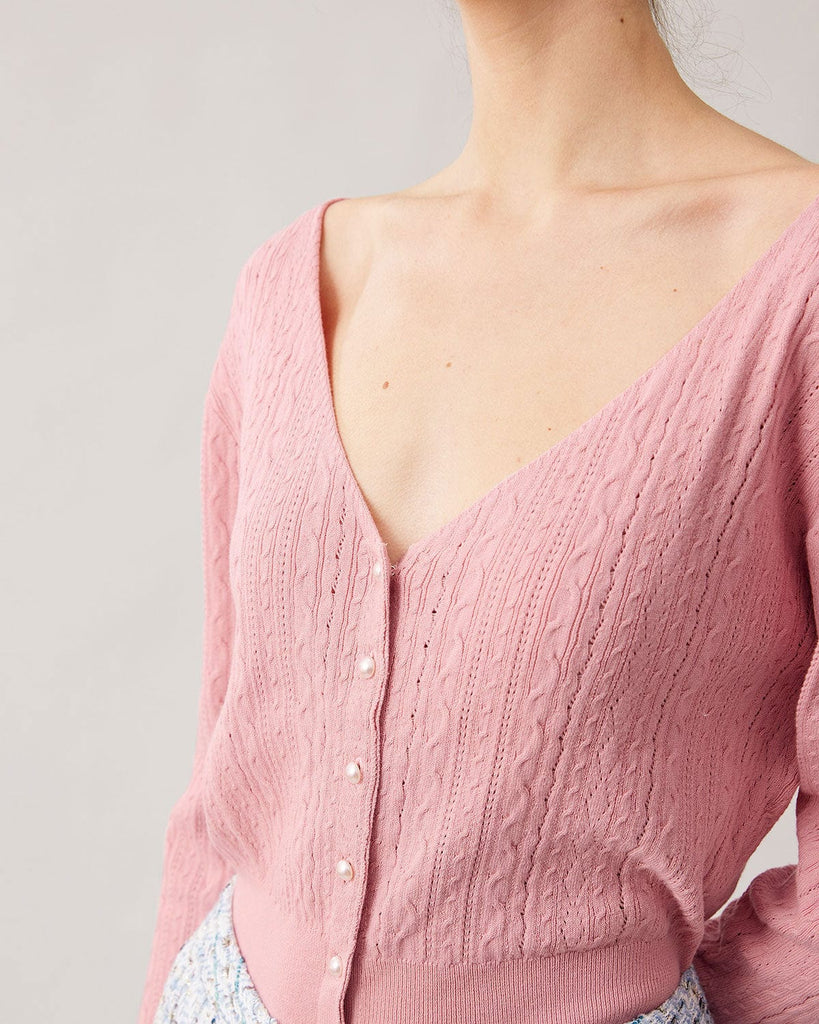 The Pink V-neck Pointelle Knit Cardigan Tops - RIHOAS