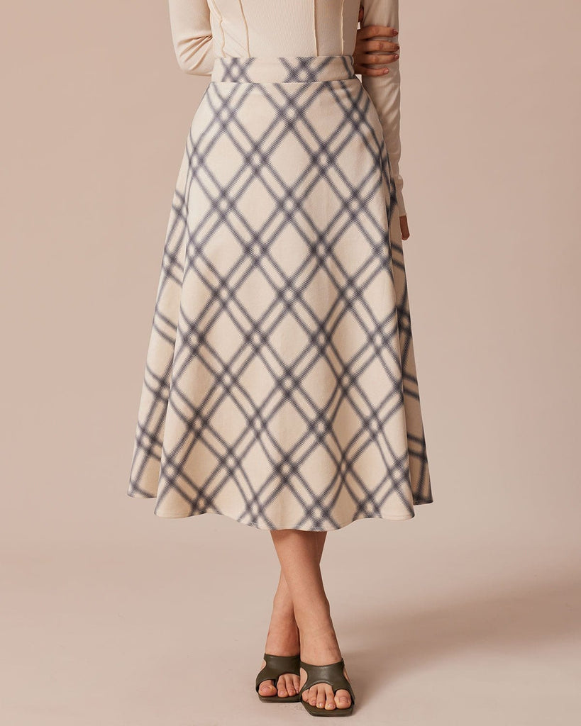The Plaid A-Line Midi Skirt Khaki Bottoms - RIHOAS