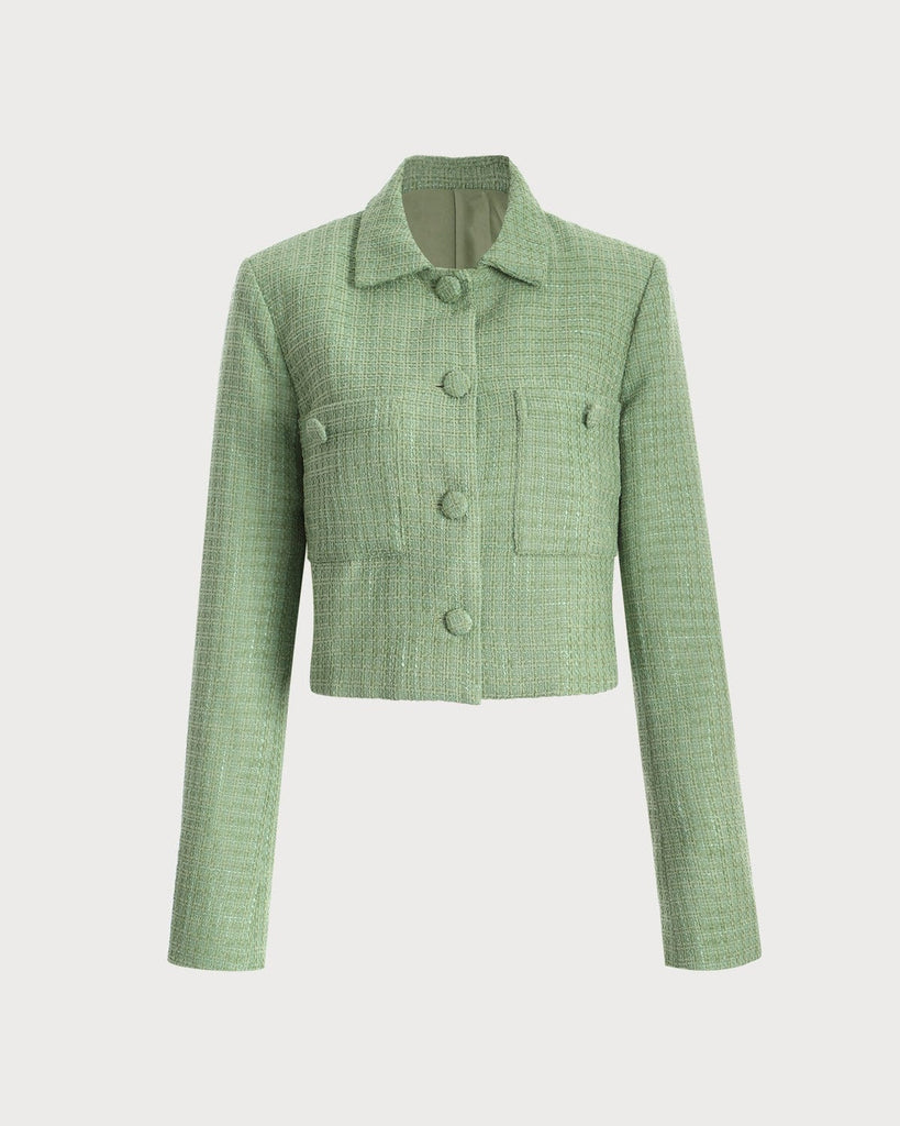The Plaid Dual Pocket Tweed Jacket Green Outerwear - RIHOAS