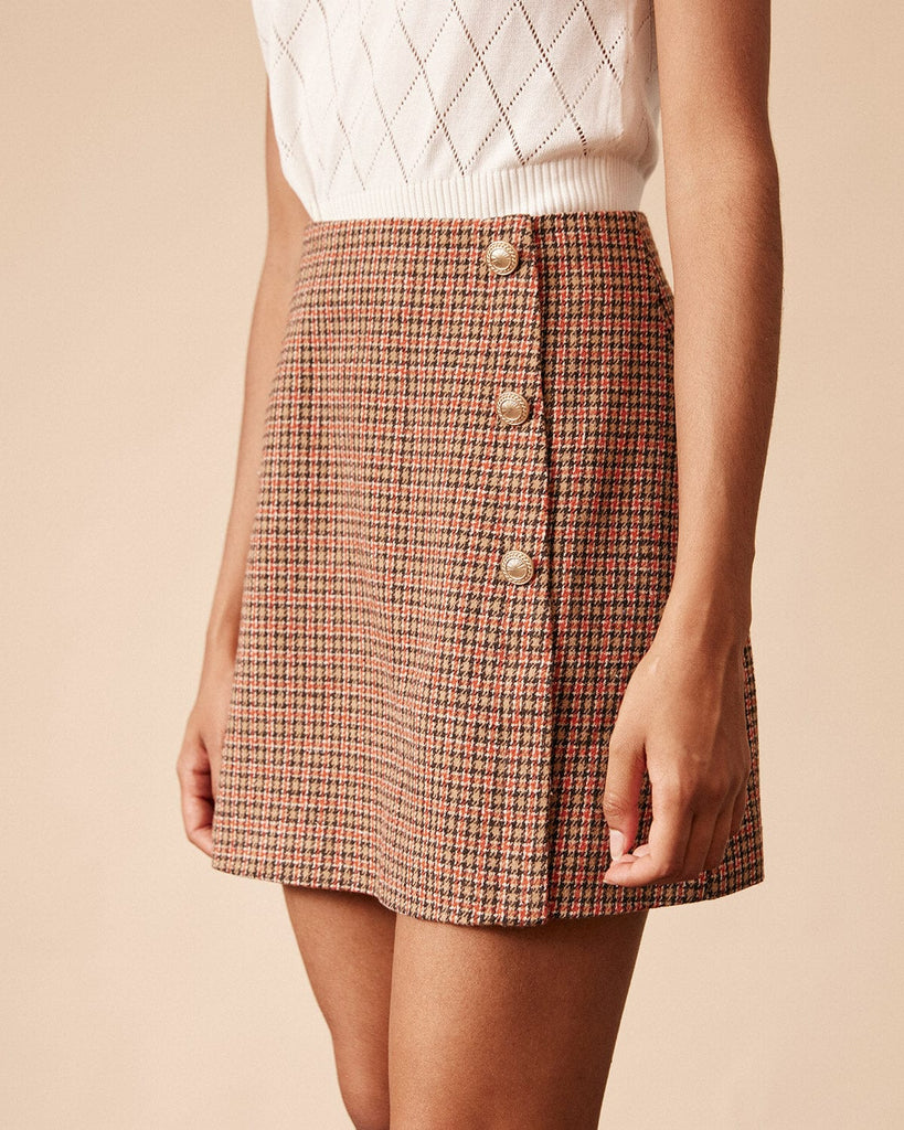 The Plaid Tweed Skirt Khaki Bottoms - RIHOAS