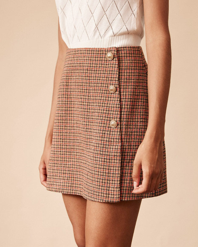 The High Waisted Plaid Tweed Skirt Women's High Waist Plaid Khaki