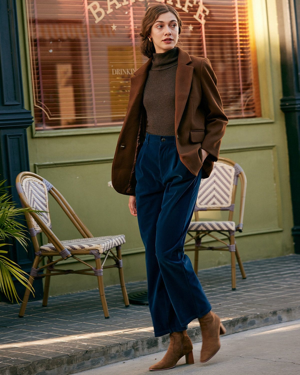 The Pleated Wide Leg Pants - High Waisted Wide Leg Pleated Belted Casual  Pants - Navy - Bottoms