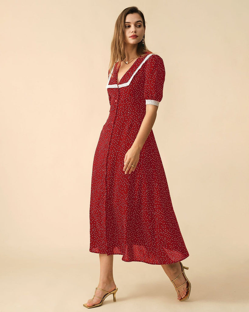 The Polka Dot Lace Trim Midi Dress Dresses - RIHOAS