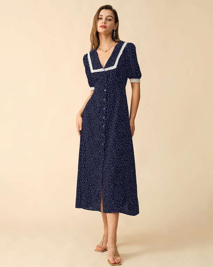 The Polka Dot Lace Trim Midi Dress Dresses - RIHOAS